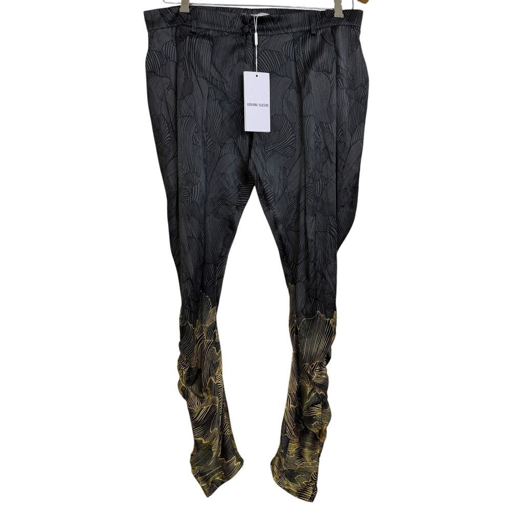 Adriana Iglesias Silk Pants Womens Size 40 Black Tapered Yellow Button Cuff NWT